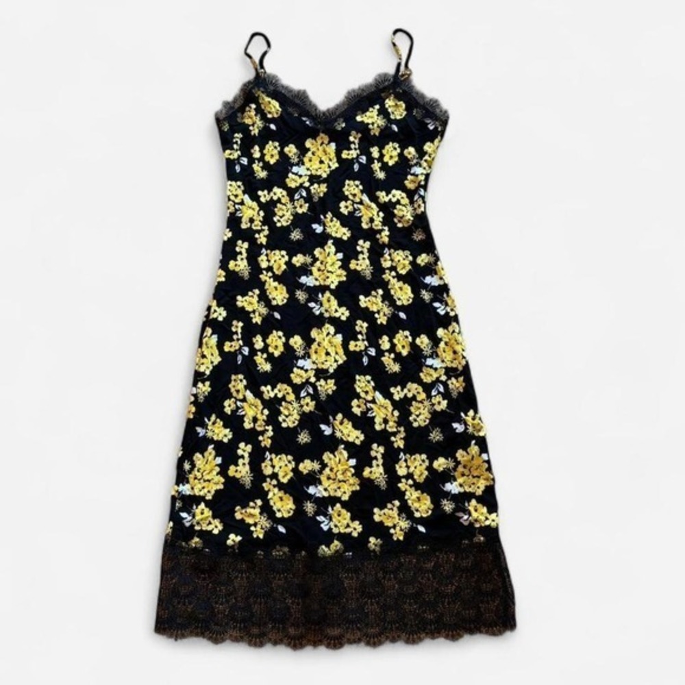 MICHAEL Michael Kors Black Yellow Floral Lace Trim Slip Dress XS